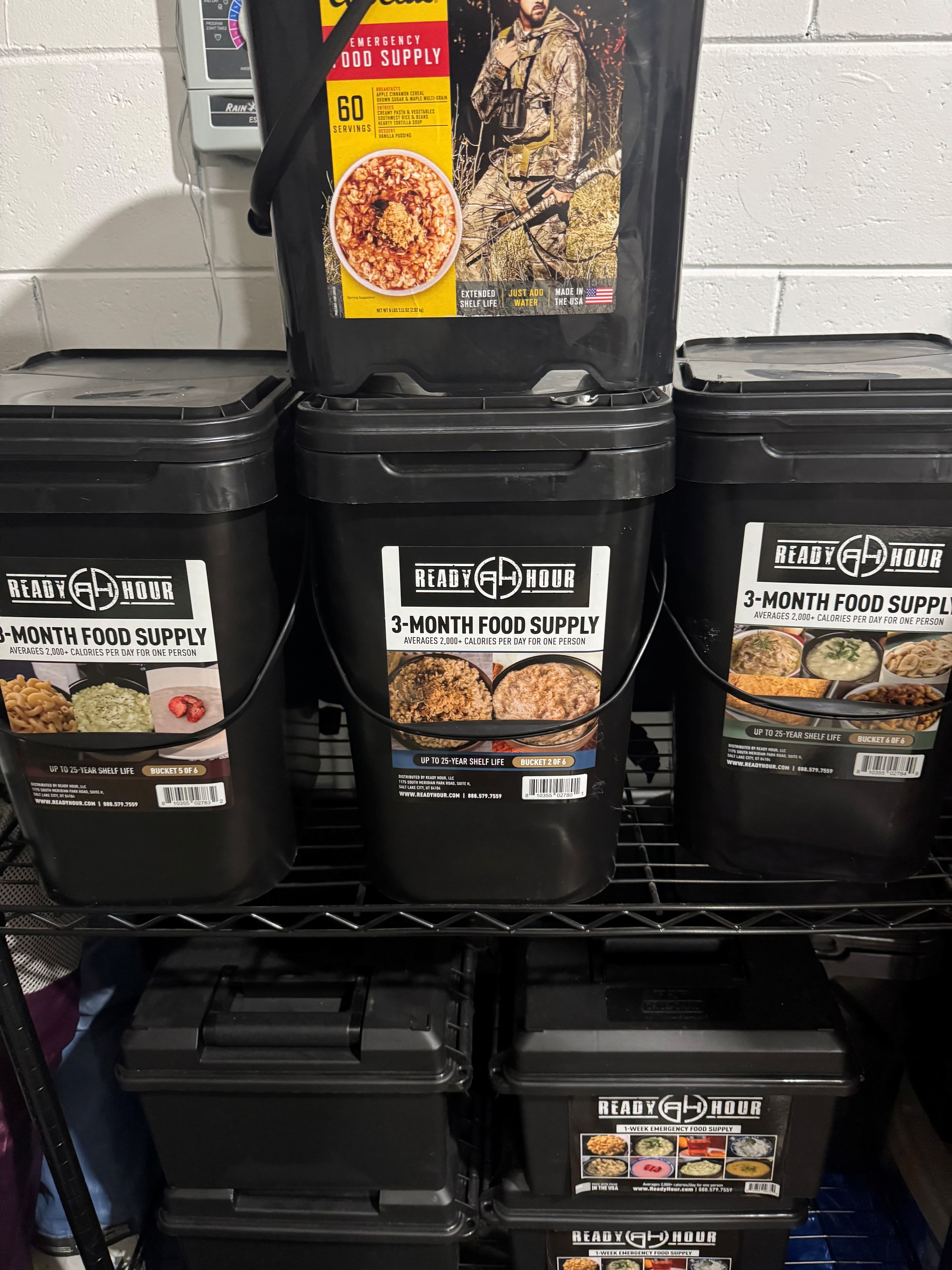 Emergency food supplies and pantry staples neatly organized on shelving
