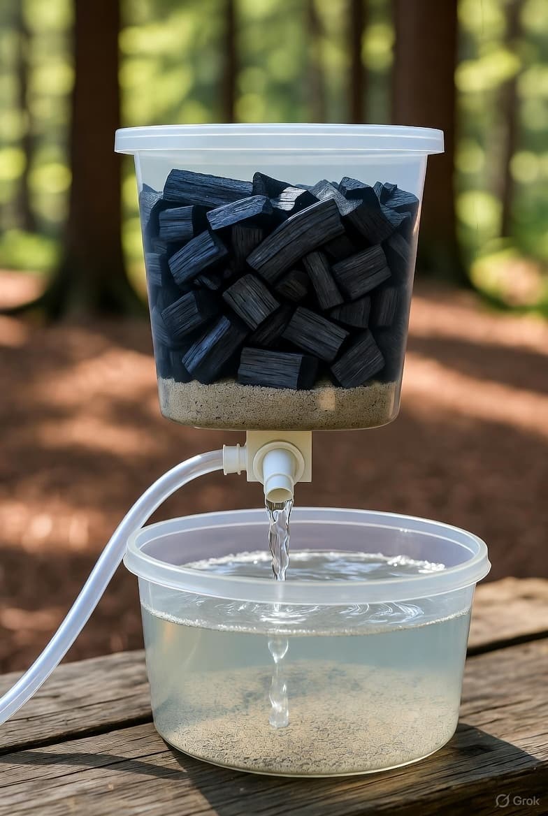 Water being filtered through charcoal filter